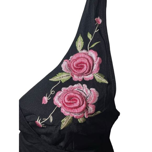 Rampage Halter Women's Dress Black Pink Size Medium Floral Fairy‎ Pinup Girl Y2K - Picture 3 of 13